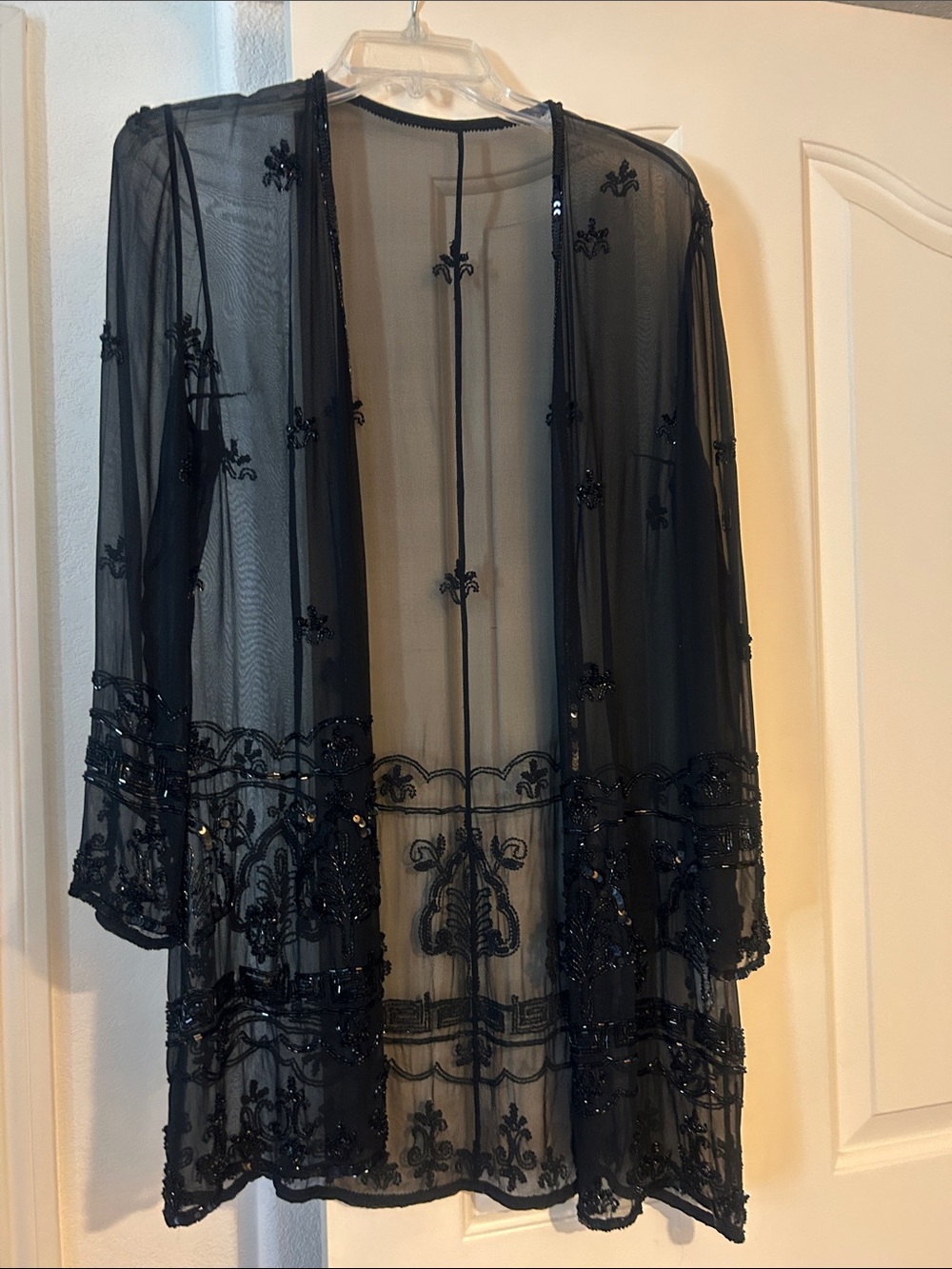 Saks Fifth Avenue Black Sheer Beaded Embroidered Kimono